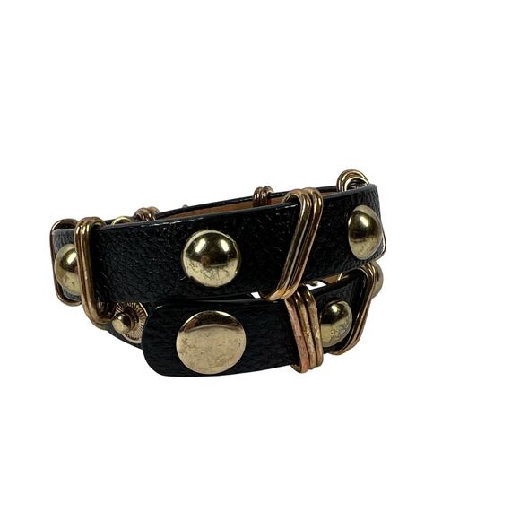 Leather Bracelet Black Gold Tone Studded Buckle Wrapped Metal Adjustable Punk - Picture 8 of 10